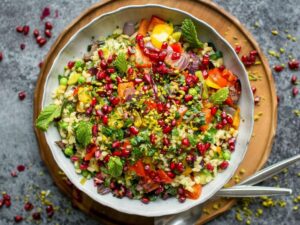 Vegan wheat germs with saute vegetables as main dish - lunch